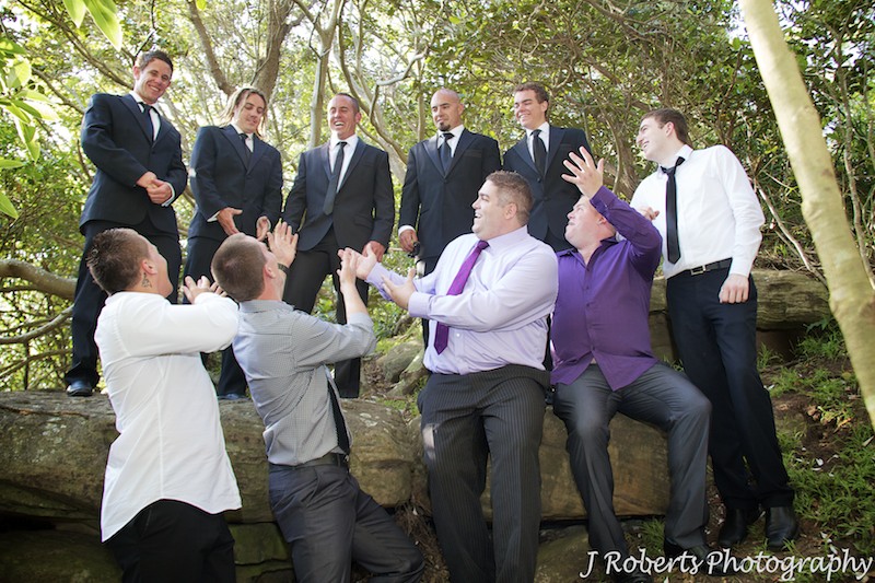 Groom with groomsmen and extra mates pre wedding - wedding photography sydney
